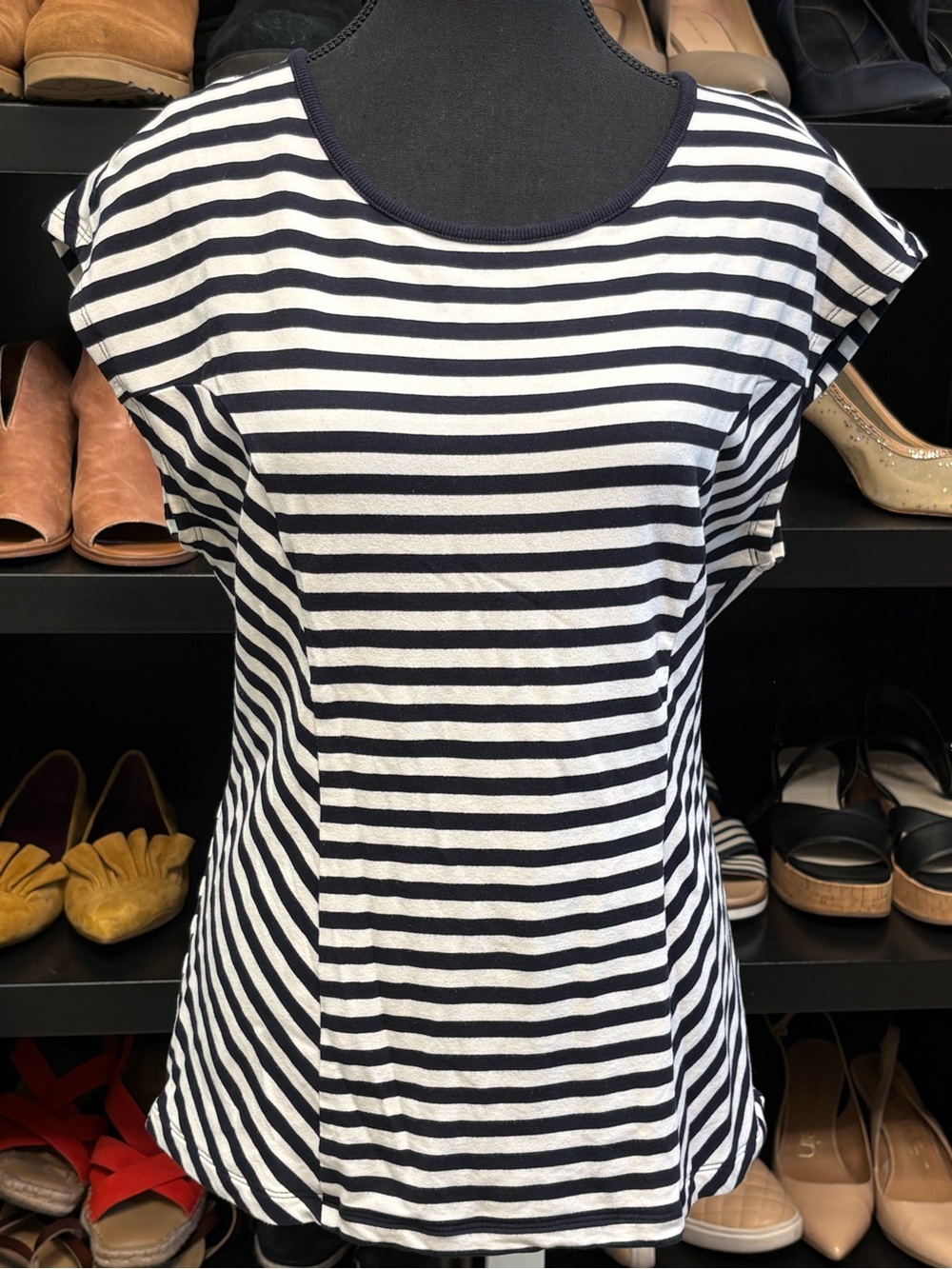CAbi Navy & White Striped Short Sleeve Tee